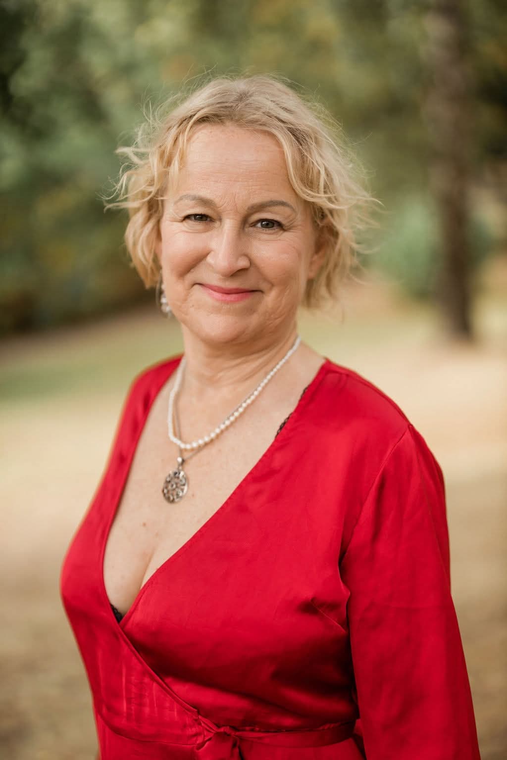 Close portrait of Kristina in a red dress with a pearl necklace and a warm smile